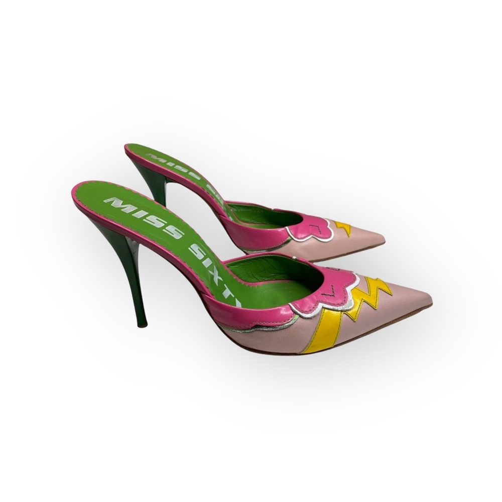 Vintage: Miss Sixty ↯ Lightning Pointy Toe Stiletto Heels Mules ↯ Pink Appliqué - Picture 4 of 17